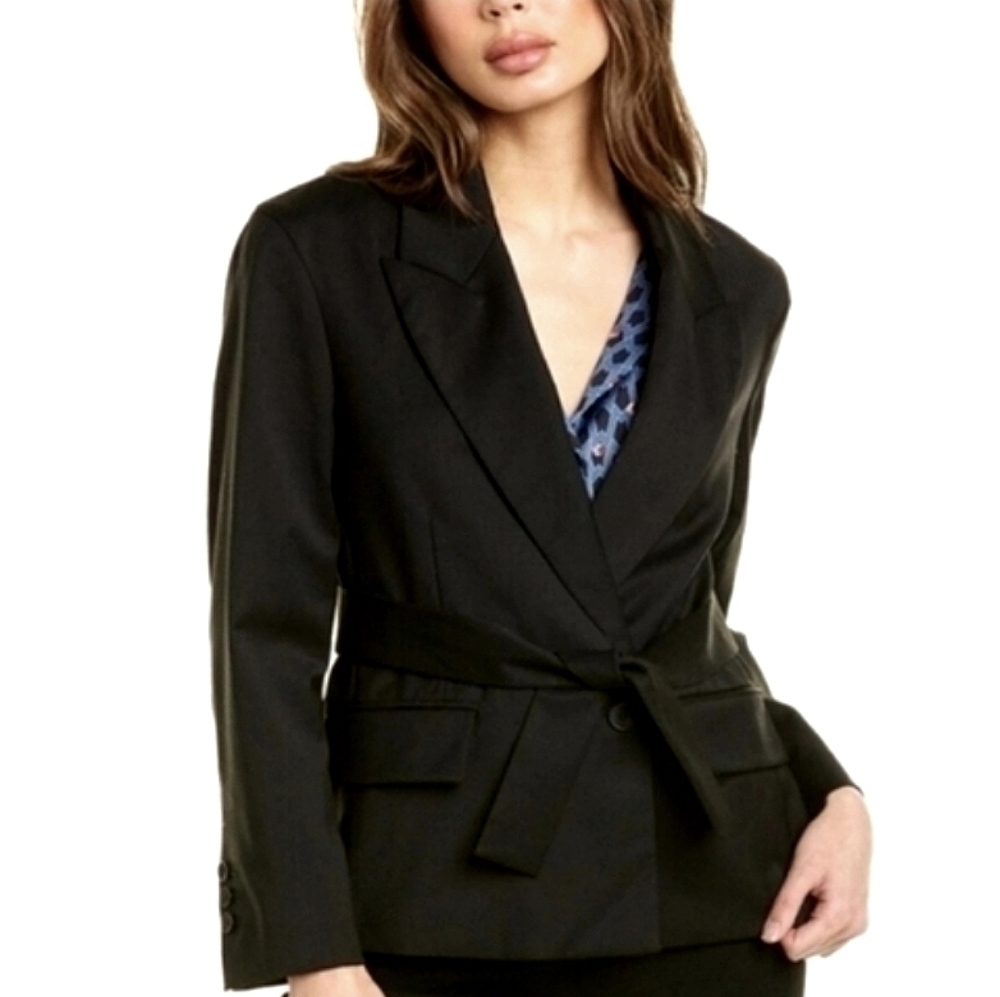 Maje Academia Wool Blazer Belted Waist Button Front Pockets Black Size 12 New